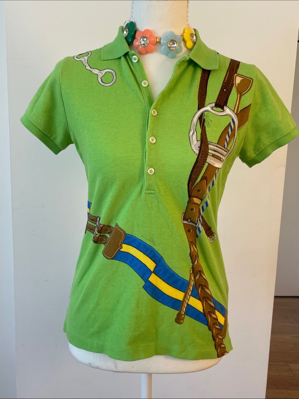 Vintage Polo Ralph Lauren Equestrian Polo Shirt Bridle Saddle Print Lime Green S - Picture 2 of 13